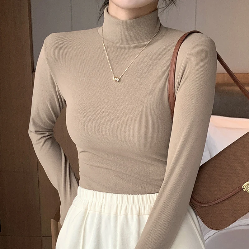 Women's Ribbed Knitted Thermal Bottoming Shirts Autumn Winter Simple Solid Color O-Neck Shirts Women Basic Casual Stretch Top
