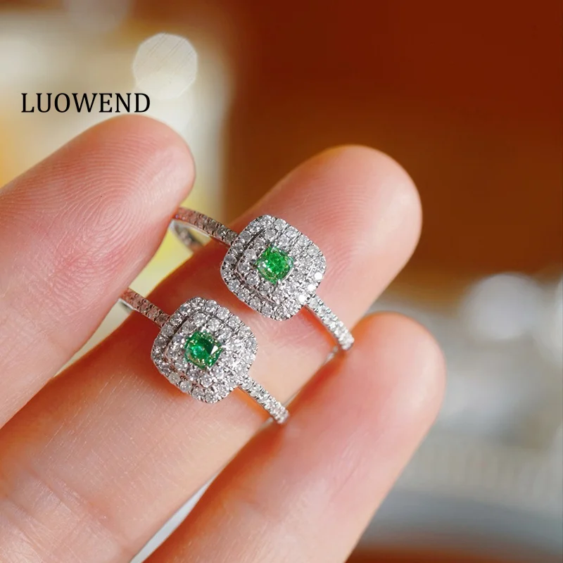 LUOWEND 100% 18K White Gold Rings Elegant Square Shape Real Natural Green Diamond Engagement Ring for Women High Wedding Jewelry