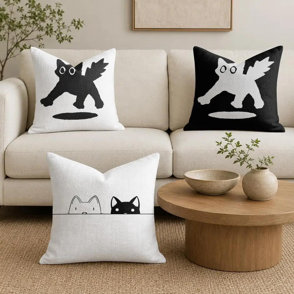 Minimal Black Cat Sketches Cushion Cover Natural Linen Organic Fabric Double-Sided Printing Sofa Home Decor Gift Pillow Cover