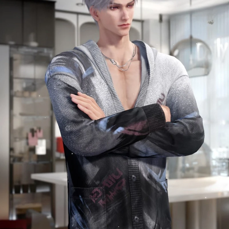 Sylus Costume Game Love and Deepspace Cosplay Purple Knitted Cardigan Hooded Sweater Casual Wear for Women Men view 6