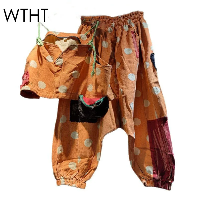 

WTHT Vintage Women's Suit Print Sleeveless Denim Sling Vest Elastic High Waisted Patchwork Jeans Set Female 2025 Summer 1LS1490