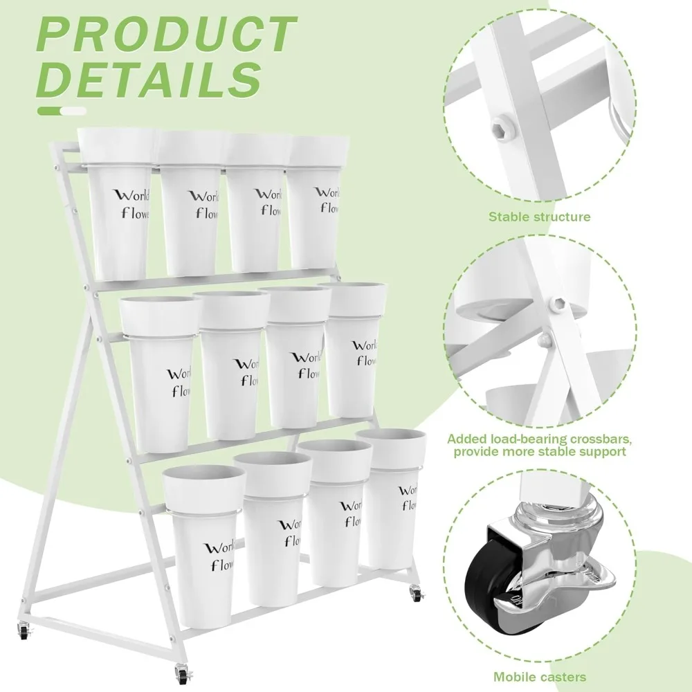 حامل زهور معدني من ثلاث طبقات مع 12 دلوًا، عربة زهور متنقلة بيضاء لعرض الباقات #4