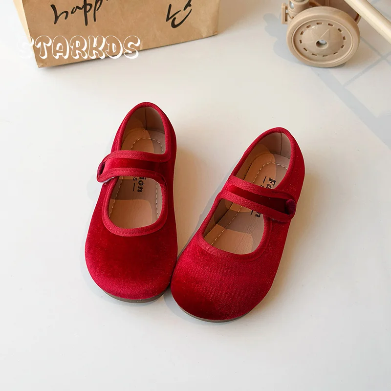 Cute Peach Pink Velvet Shoes Girls Vintage Gold Velour Ballet Flats Baby Kids Spring New Soft Sole Luxury Mary Janes