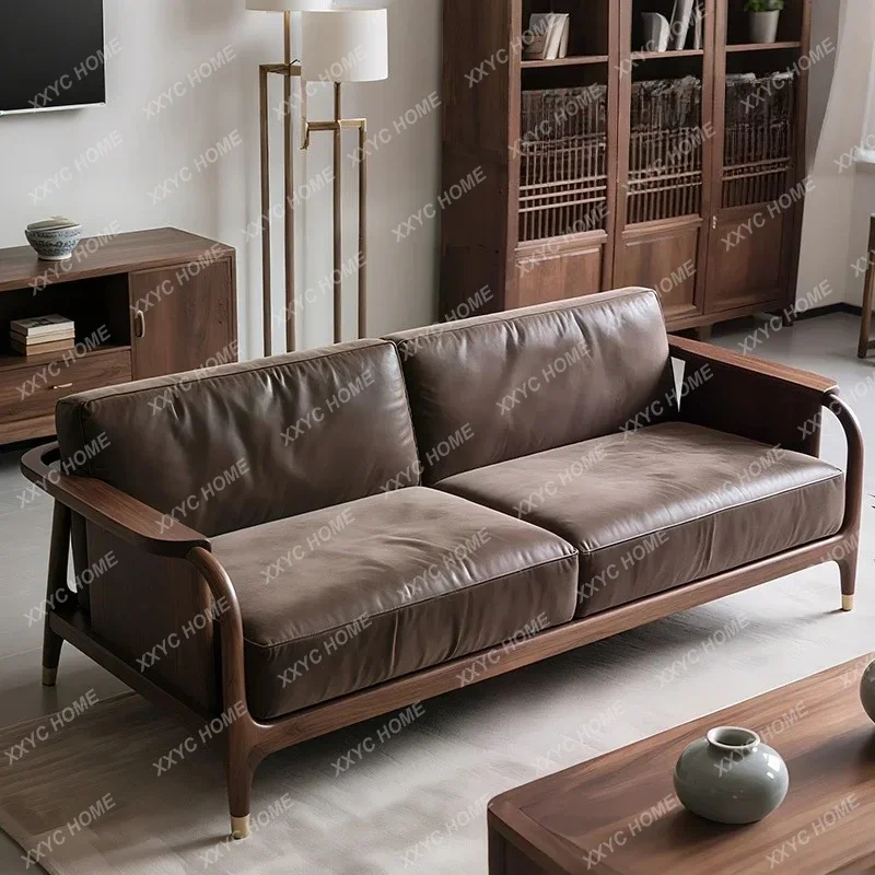 

A New Chinese-style walnut sofa three-person leather art sofa home simple aesthetic home living room sofa
