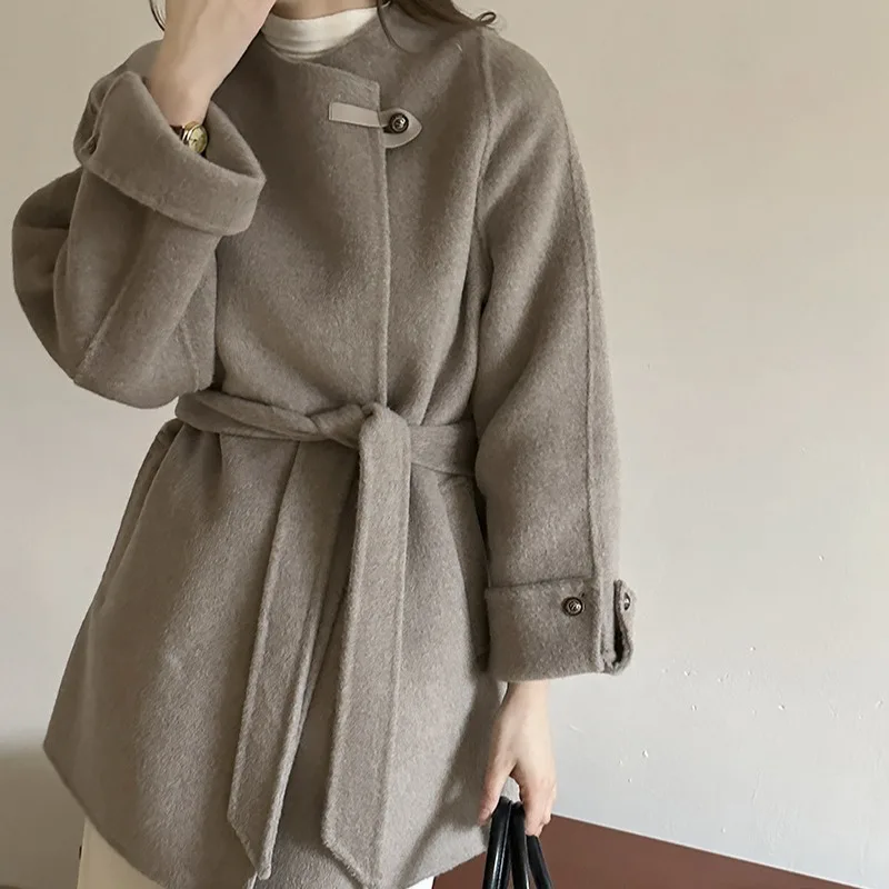 Temperament design medium and long collarless lace-up double-sided wool coat woolen jacket autumn and winter coat