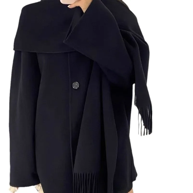 2023 autumn new product casual version fringed scarf collar wool blend women's coat coat