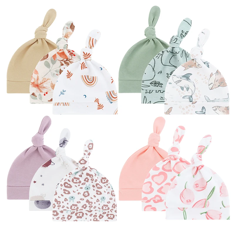 

3Pcs Baby Knotted Warm Hat Newborns Bonnet Shower Hats Cute Print Boys Girls Soft Breathable Baby Fetal Hats for 0-3 Month