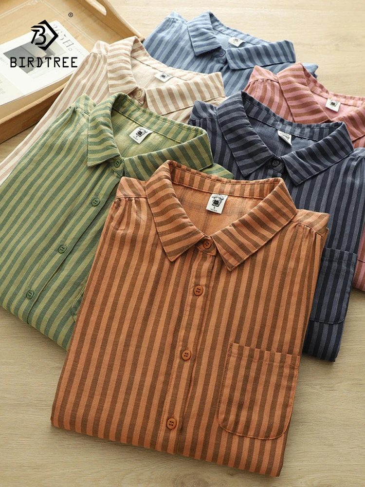 

New 2026 Spring Women Cotton Yarn Long Sleeve Shirt, Turn-down Collar Striped, Mori Girl Fashion Soft Thin Loose Blouse T63660CC