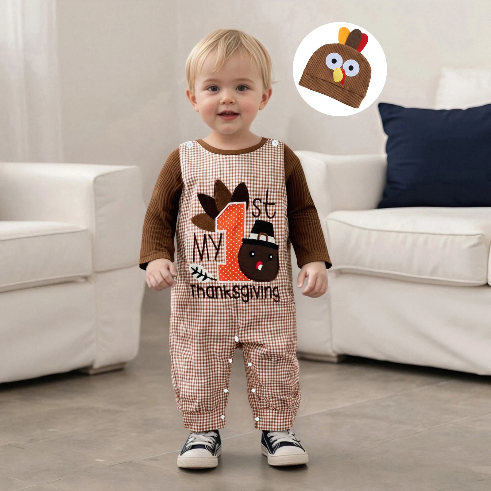 

Cute Baby Boy Outfit Long Sleeve Romper with Plaid Overall Pants Turkey Hat My First Thanksgiving Clothes Set