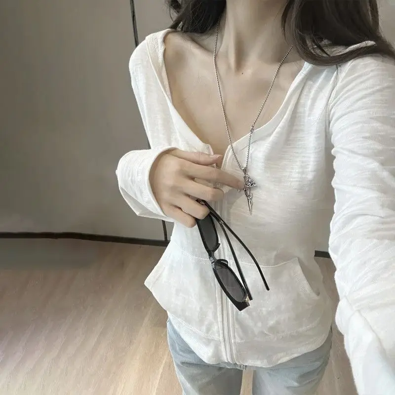 Women White Zip Up Hoodie Deep V Neck Long Sleeve Lightweight Slub Cardigan Y2k Slim Fit Casual Summer 2026