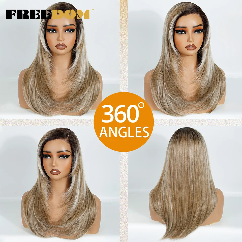 Synthetische Lace-Front-Perücken für Frauen, 18 Zoll, Seitenscheitel, vorgezupfte, gerade, geschichtete Lace-Perücke, Ombre Braun Blond, Perücke für den täglichen Gebrauch – Detail 2
