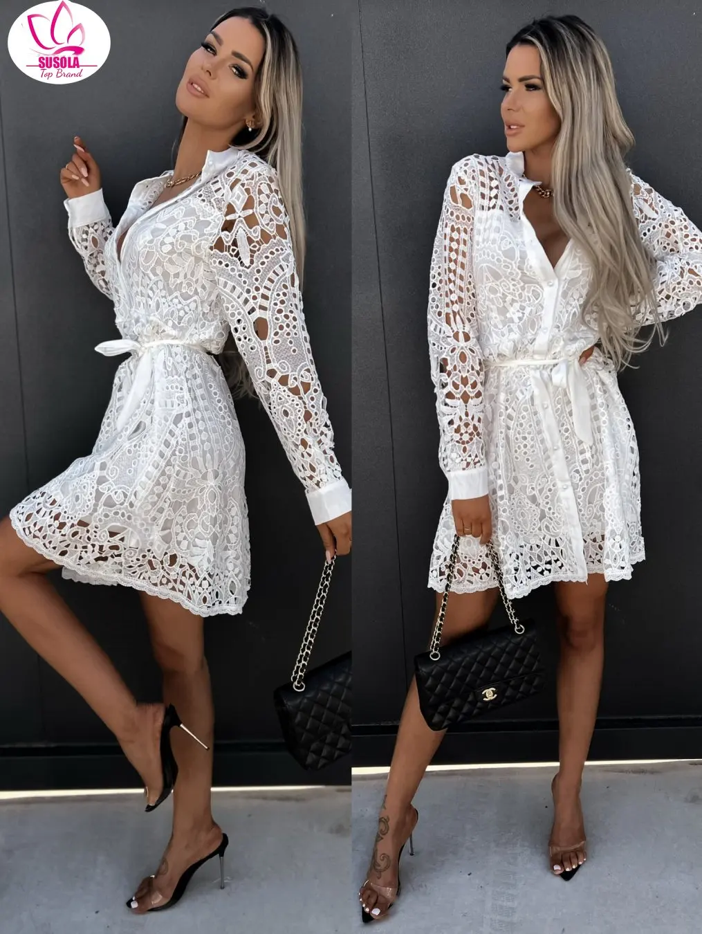 

Spring Summer Trend Commute Turn-down Collar Lace Mini Dress Casual Solid Color Hollow Out Laced Buttons Cardigan Ladies Dress