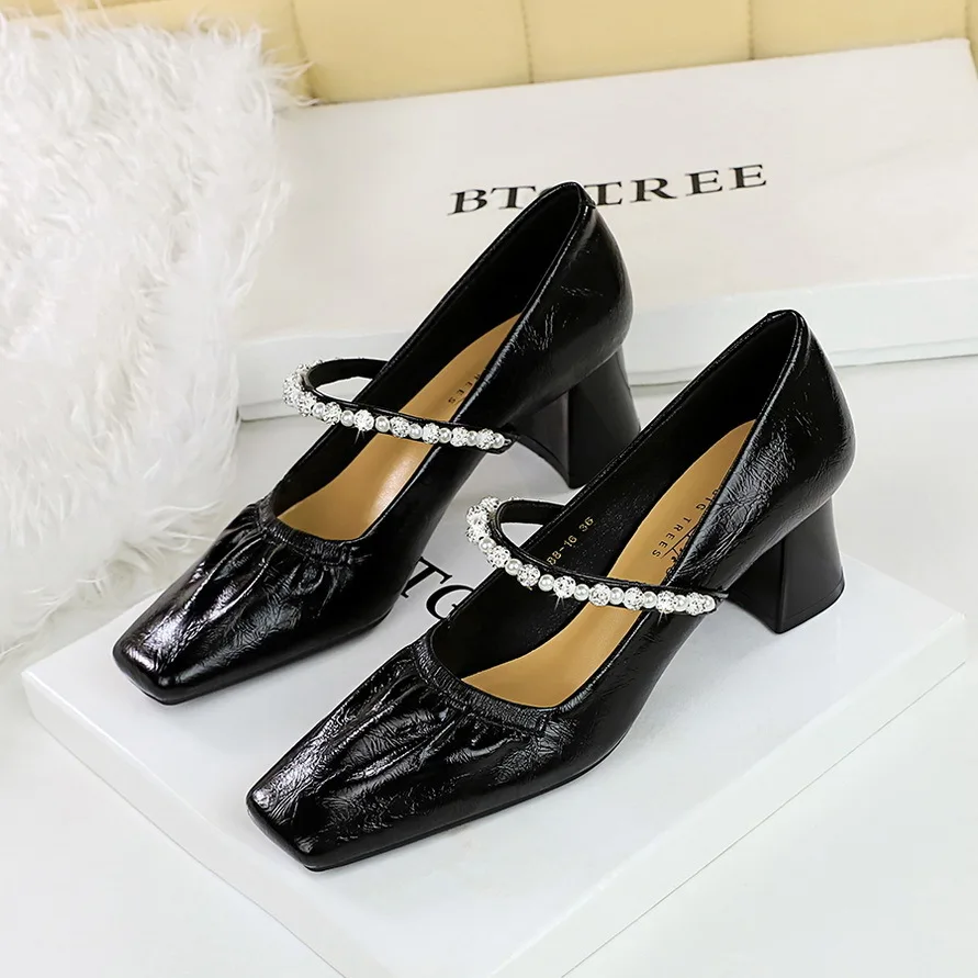 

Fashion Coarse Middle Heel Shallow Mouth Square Head Water Diamond Pearl Single Women's Ladies Shoes Women Pumps женская обувь