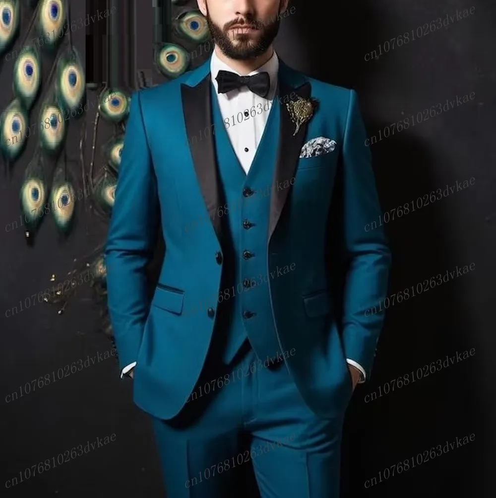 

New Black Lapel Blue Formal Business Men Suit Groom Groomsman Wedding Party Prom Male Tuxedos 3 Piece Set Blazer Vest Pants