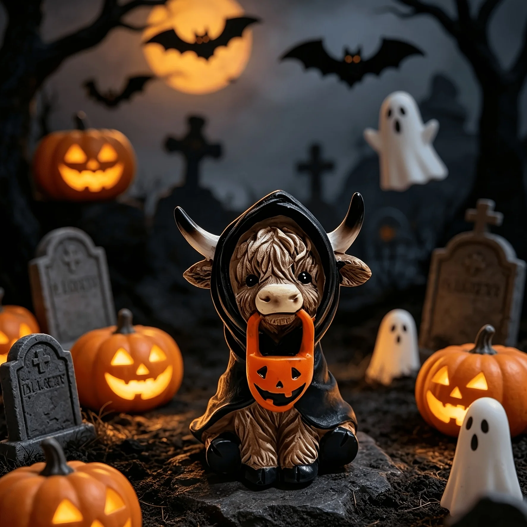 Halloween Highland Cow Figurine With Pumpkin, 3 Styles Available(Mummy//Grim Reaper), Desktop Ornament, Resin Halloween Decor.