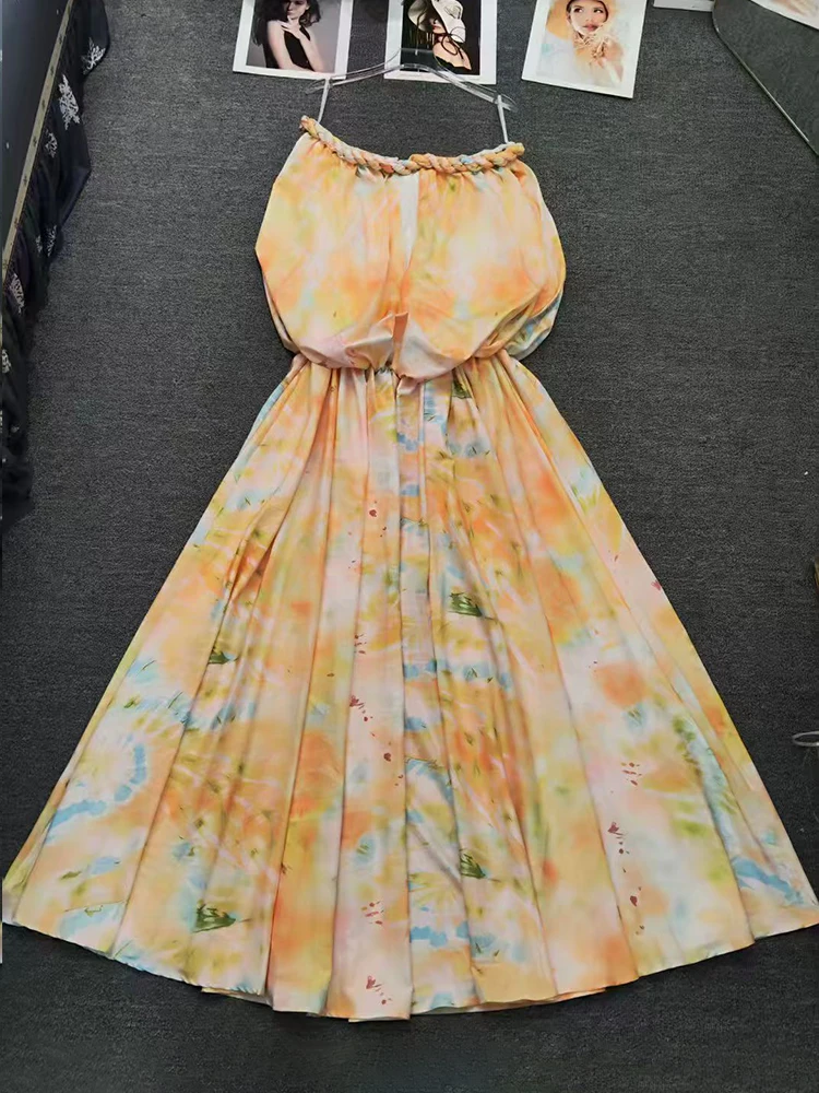 الرجعية مثير كلمة طوق جوفاء حبال صديرية دائرية تنورة الصيف المرأة الجديدة أنيقة مرونة الخصر سوينغ مزاجه طباعة اللباس