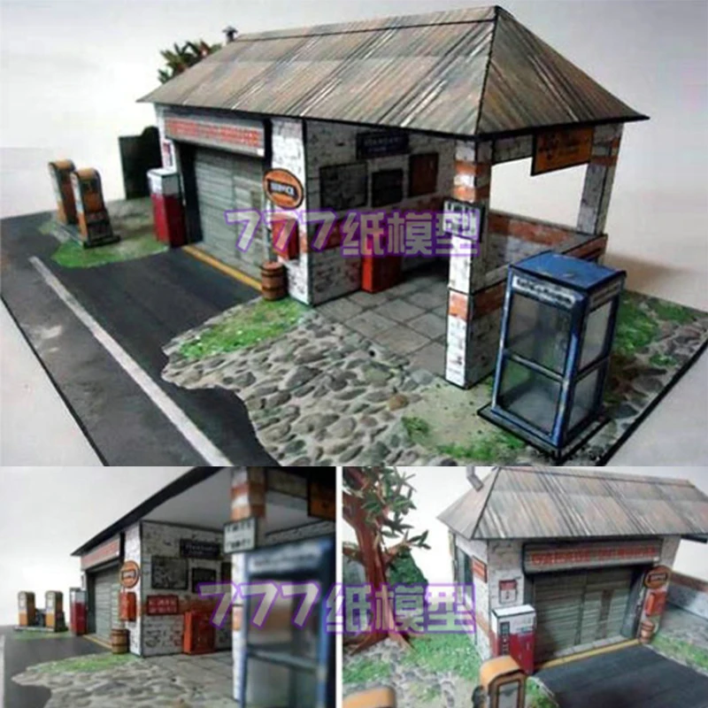 1:43/64/72/76/87 مقياس اليدوية ورقة محطة الوقود القديمة نموذج تجميع محاكاة سيارة المرآب بناء طاولة الرمل نموذج أطقم 1 قطعة