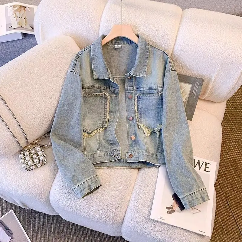 

Short Style Retro Denim Jacket For Women Spring Autumn New Loose Hong Kong Versatile Edge Design Jacket Long Sleeve Cowboy Top