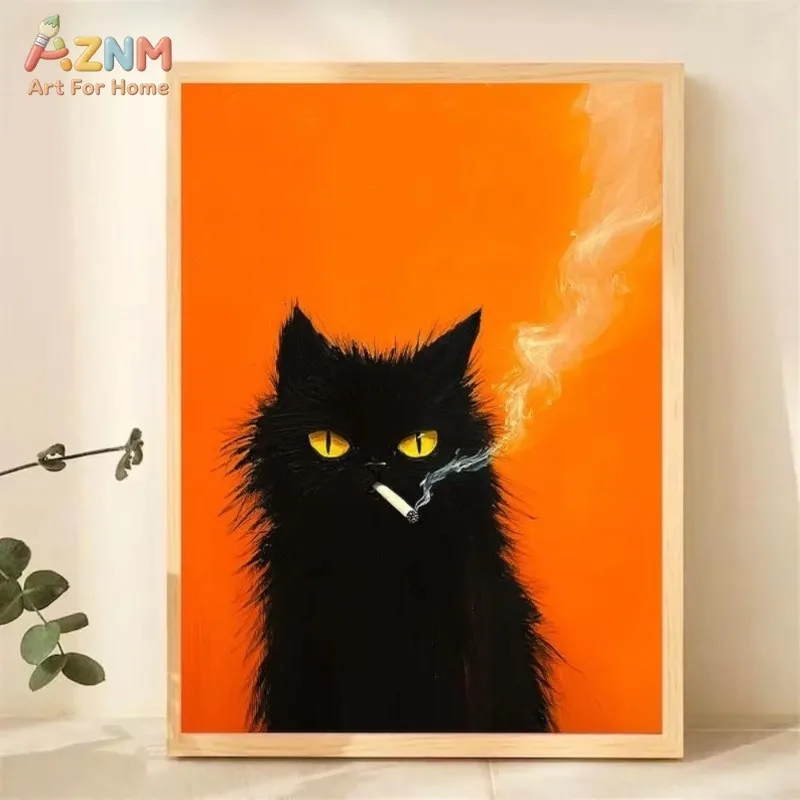 AZNM Cute Black Cat Canvas Print Peeking Cat Pizza Wine Glass Dark Green Vintage Minimalist Pet Lover Living Room Bedroom Wall D