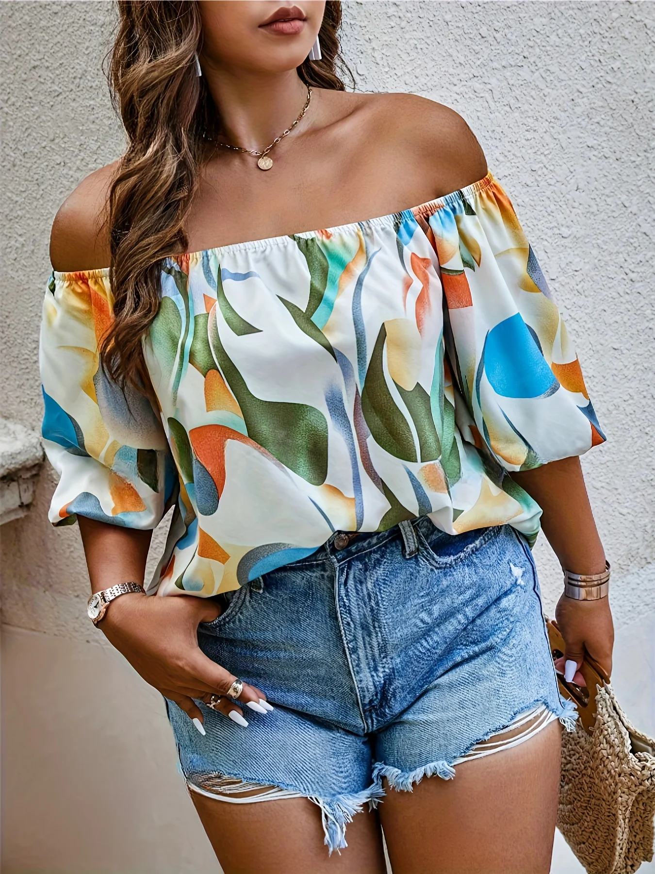 Plus Size Summer Women Elegant Shirt Casual Fashion Off the Shoulder Print Tops Vacation Loose Female Clothing