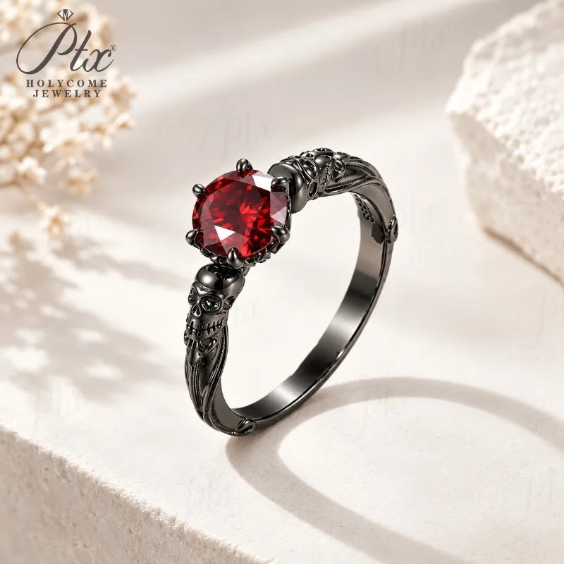 Ring Black Plated S925 Silver Skull Band Red Moissanite Gothic Punk Finger Ring Vintage Dark Street Jewelry for Men Women