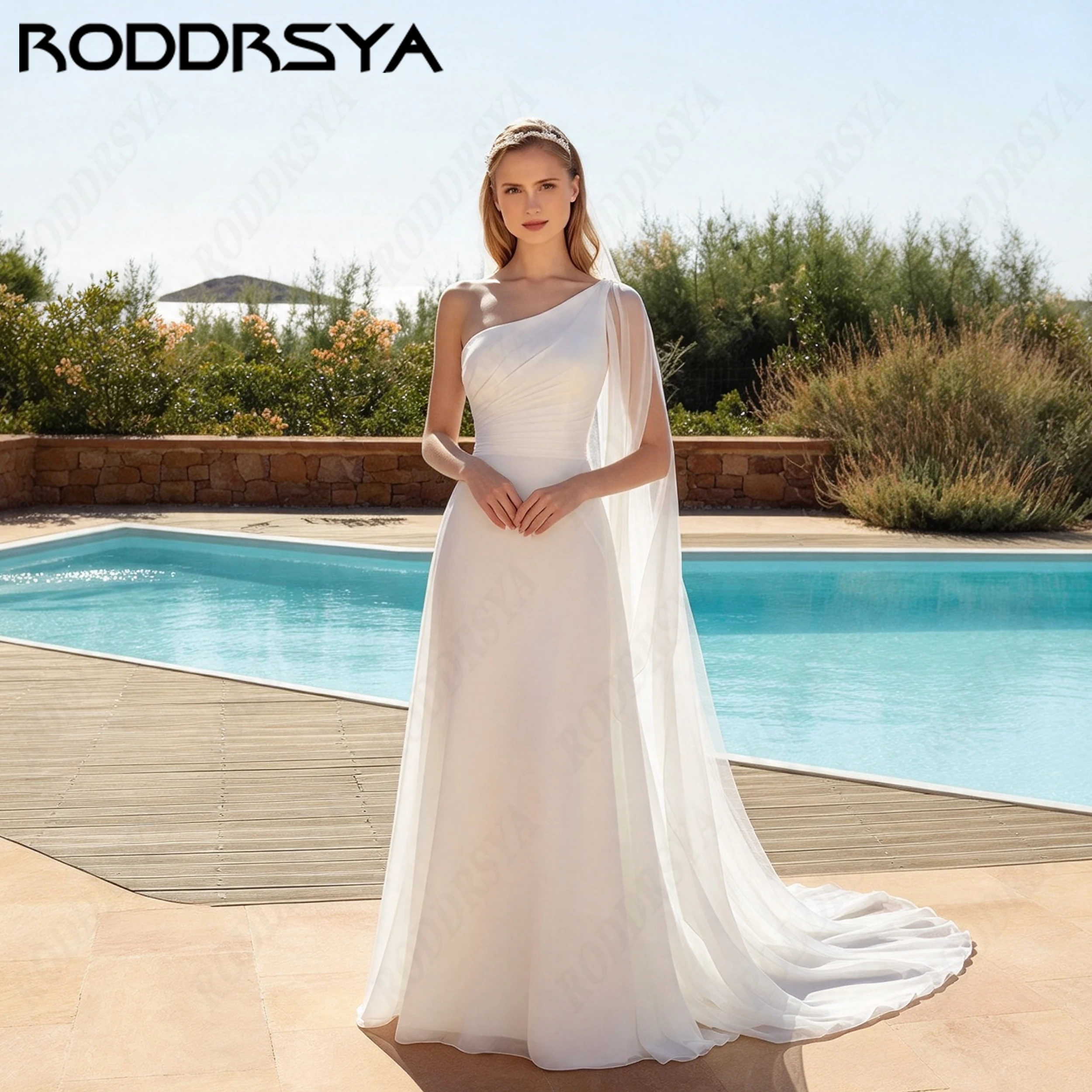 RODDRSYA Classic One Shoulder A-Line Wedding Dress Sleeveless Chiffon Customized Bride Gown Sweep Train Simple Bridal Dresses