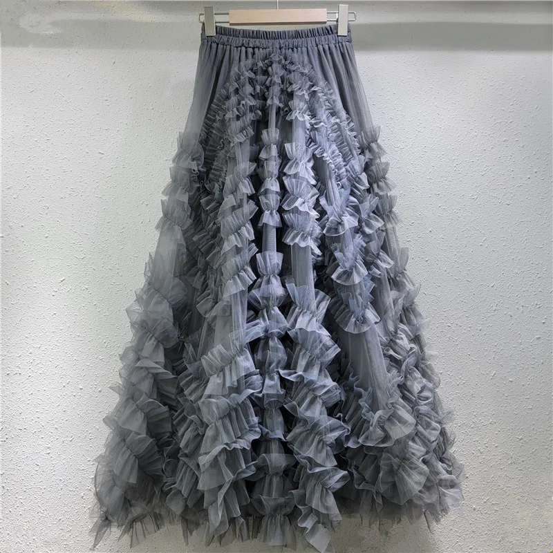 2026 Spring New Large Swing Long Skirt Show Thinning Cover Hips Cake Skirt Design Mesh Heavy Industry Half Body Skirt for Women