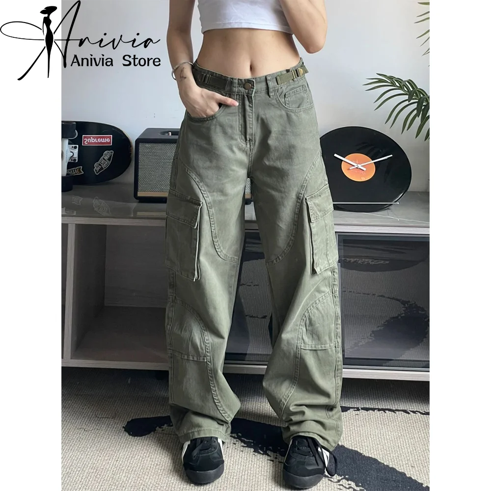 

Women's American Retro High Street Work Jeans Green Pocket Casual Loose Wide Legged All match Y2K Baggy Mopping Pants 2024 New