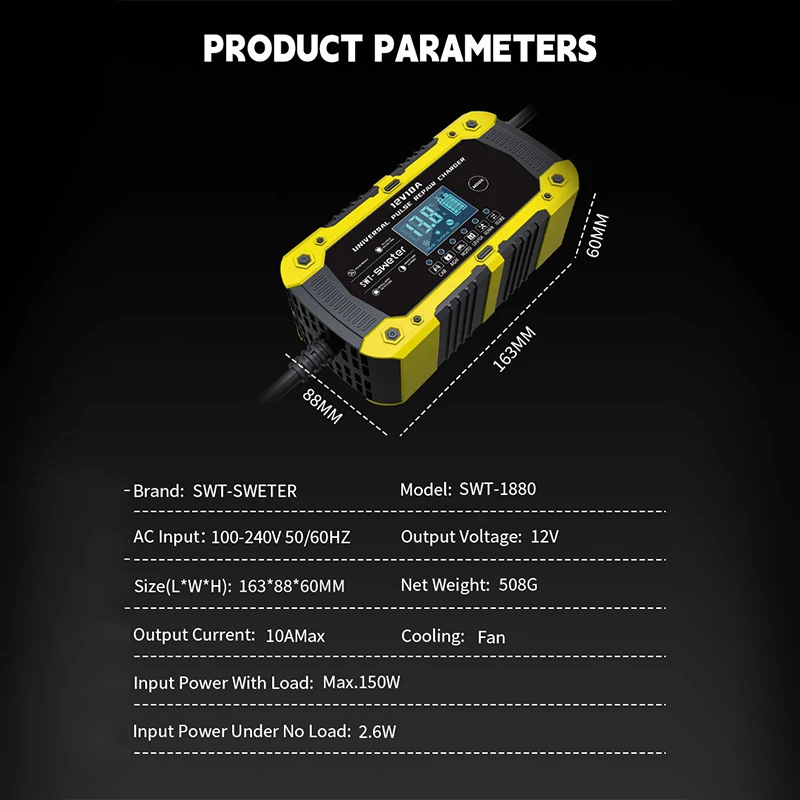 12V 10A Battery Charger for Car Motorcycle LiFePO4 AGM Lead-acid Battery Charge Pulse Repair Intelligent Detection LCD Display