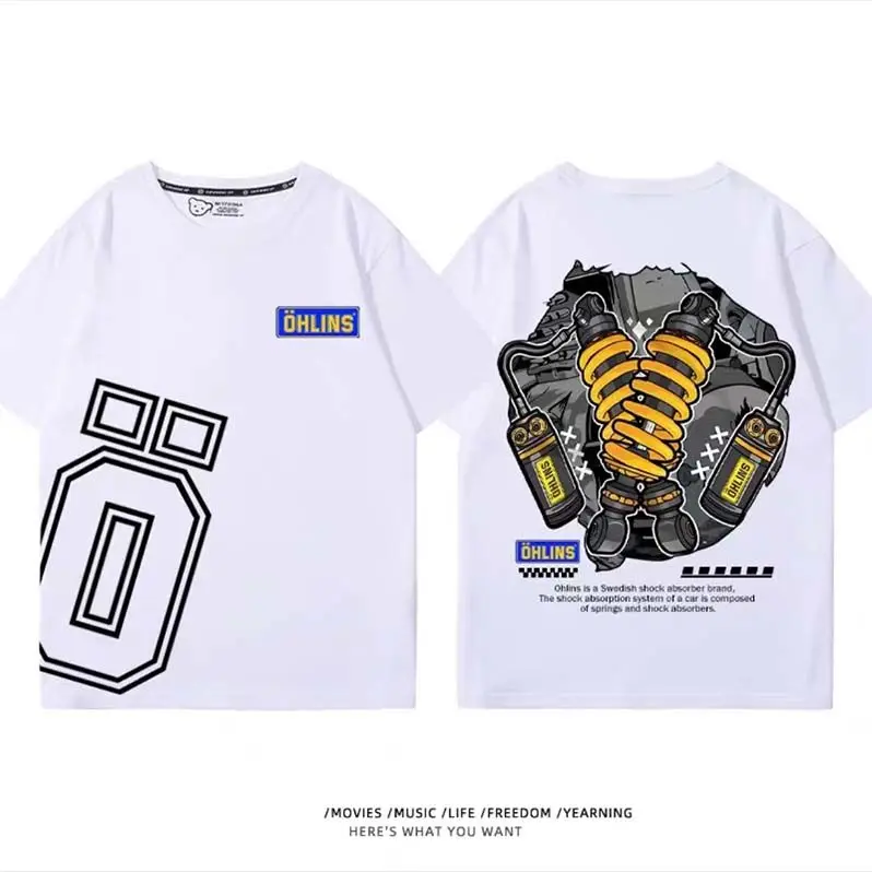 Fashion Trend Cotton OHLINS Motorcycle Shock Absorber Modified T-shirt Clothes Casual Trendy Brand  Women Car Club Short Sleeves