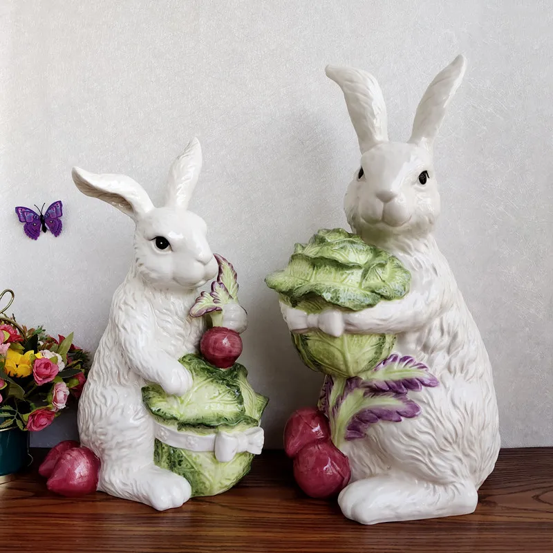 Pure hand-painted ceramic rabbit ornaments pastoral home cute white rabbit living room desktop decoration