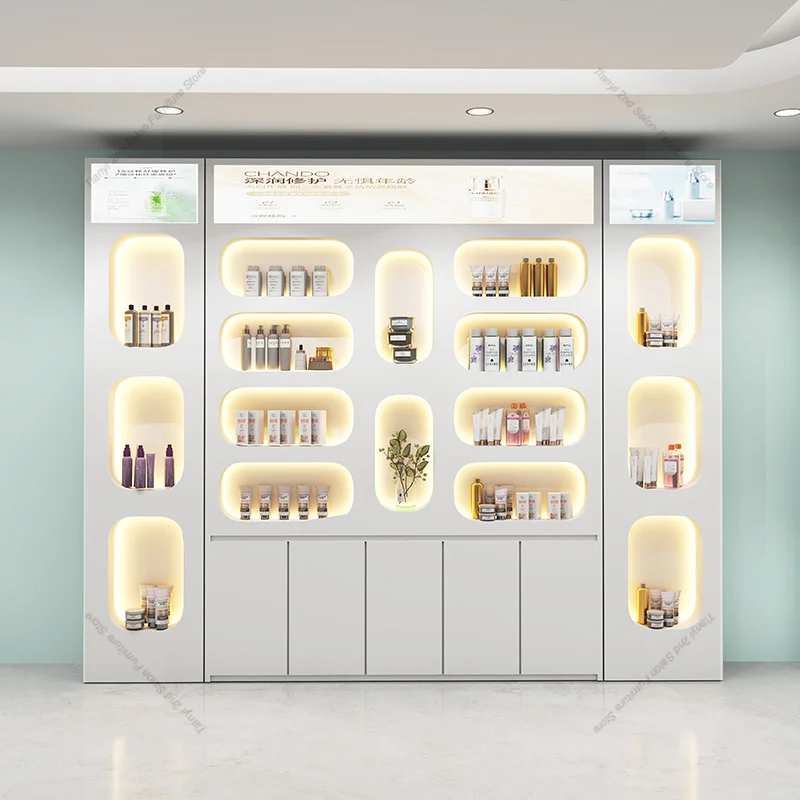 Modern Minimalist Beauty Salon Display Cabinet Nordic High-end Cosmetics Makeup Display Rack Solid Wood Salon Furniture FYMC