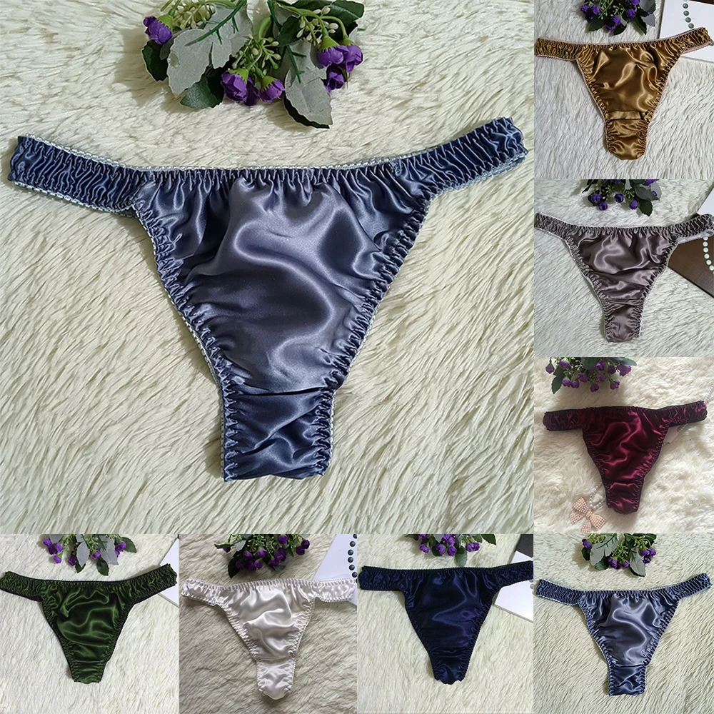 Men's Panties Thongs Silk Satin Underwear Bulge Pouch G-string Soft Smooth Panties Comfortable Underpants Elastic Solid Knickers