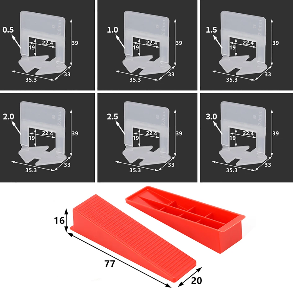 Tile Leveling System Kit 1.5/2mm Wedge Spacers for Floor Wall Tile Alignment with Leveling Clips