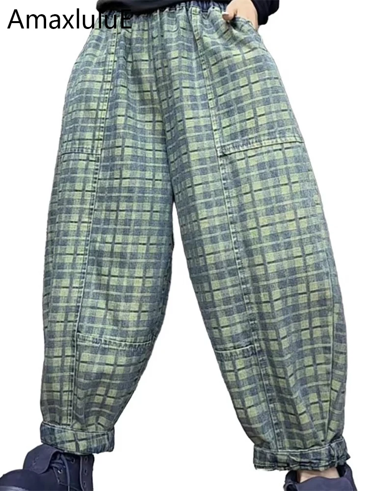 

Amax luluE 2025 Spring Classic Plaid Womens Luxury Jeans Loose Vintage Leisure Denim Pants Ladies Fashion Printed Harem Trousers