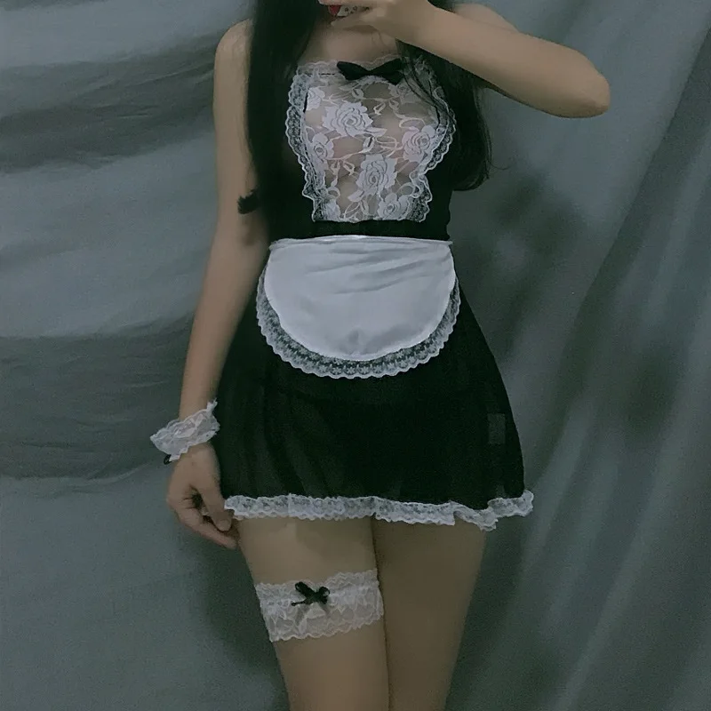 Plus Size Donna Grembiule francese Abito da cameriera T perizoma Set Crotchless Costumi erotici Lolita Cosplay Cameriera Infermiera Uniforme Lingerie sexy