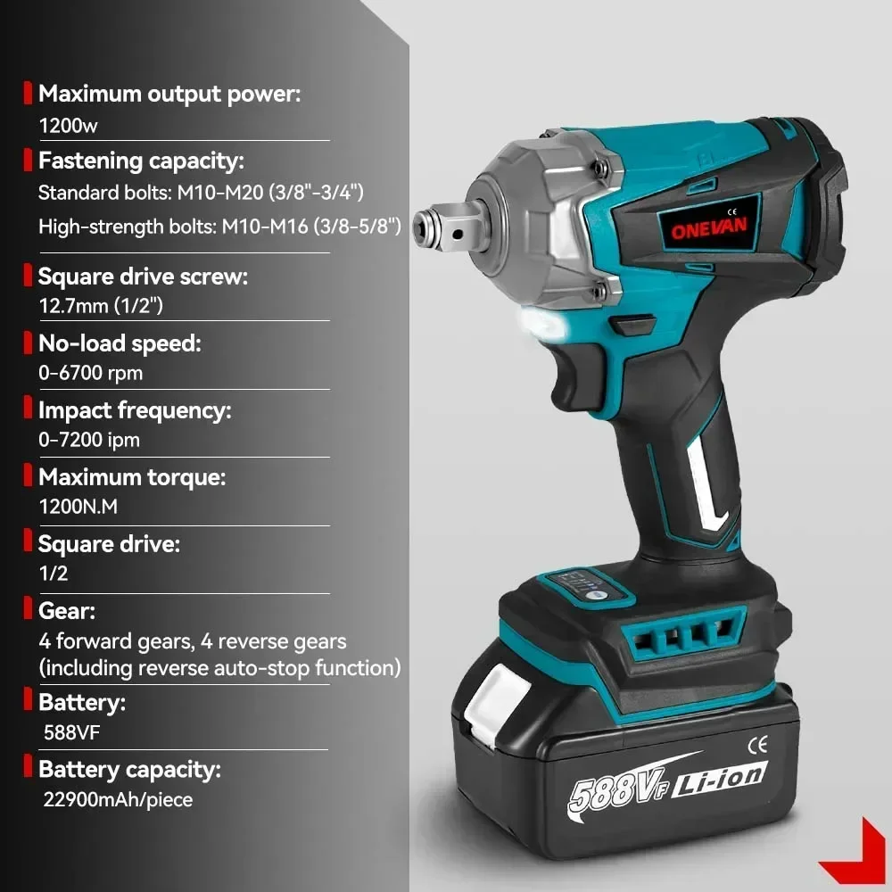 ONEVAN 1200N.M Torque Brushless Electric Impact Wrench 8 Gears Cordless Electric Wrench Power Tools For Makita 18V Battery