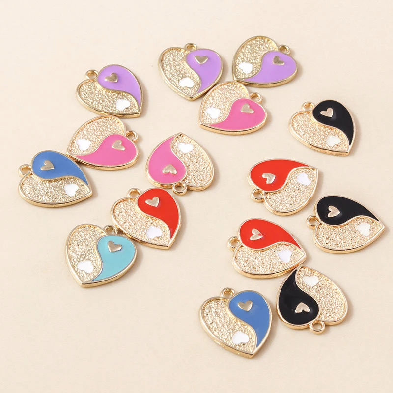 Leslie 10pcs Colorful Drip Oil Yin Yang Charms Kong fuTai Chi Heart Pendants for Necklace Bracelet Making Jewelry Findings