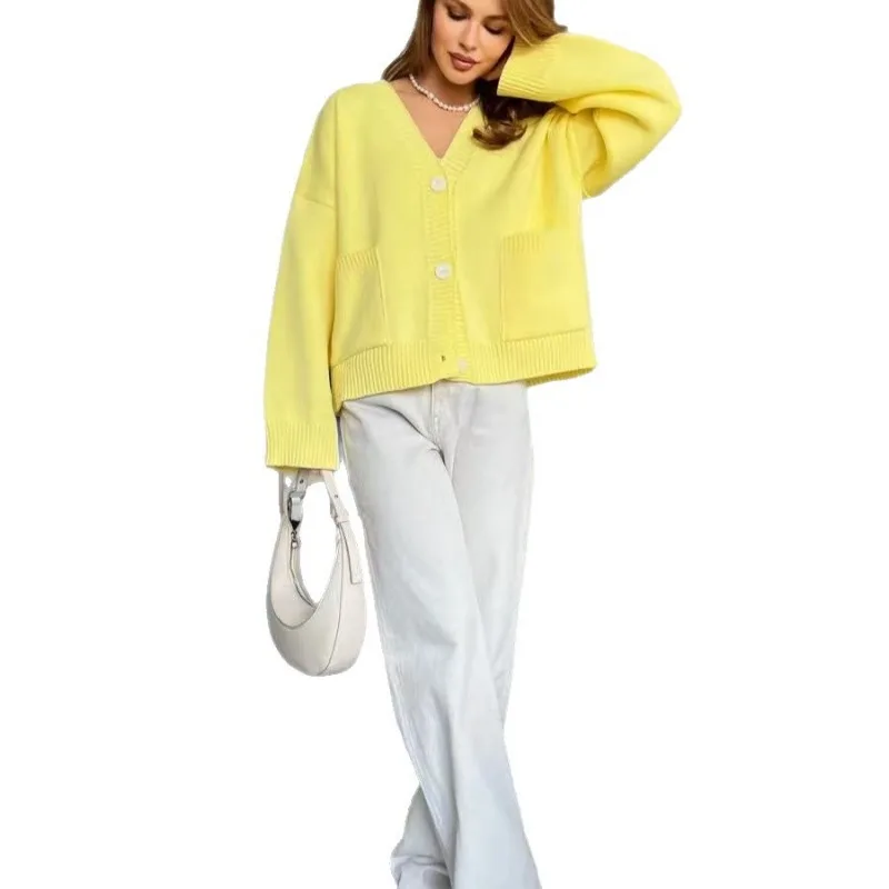 

European American V-neck Pocket Knitted Cardigan Autumn Winter New Loose Soft Waxy Sweater Jacket for Women