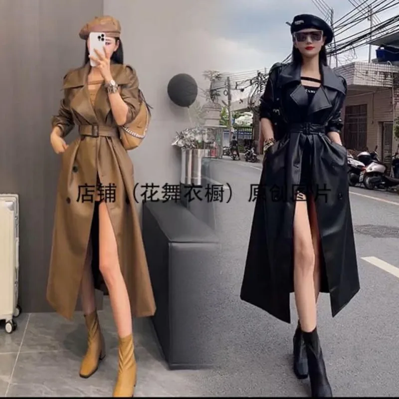 Senior Black Trench Coat Long Retro 2024 New Pu Leather Coat British Temperament Coat Loose and Thick Warm Simple Fashion