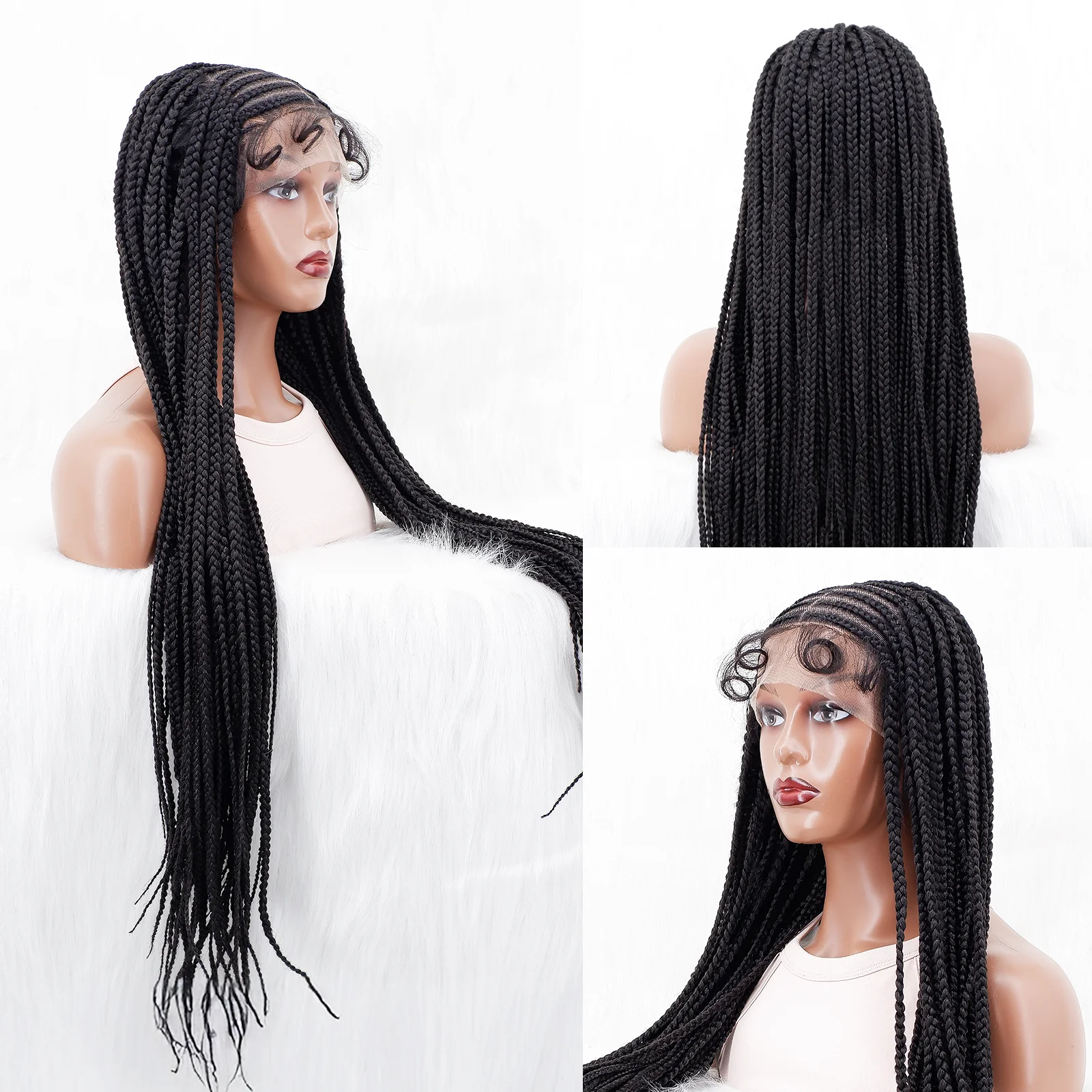 Peruca trançada cornrow frontal de renda, 34 polegadas, sintética, sem nós, trançada, com cabelo de bebê, tranças amarradas à mão, para mulheres negras