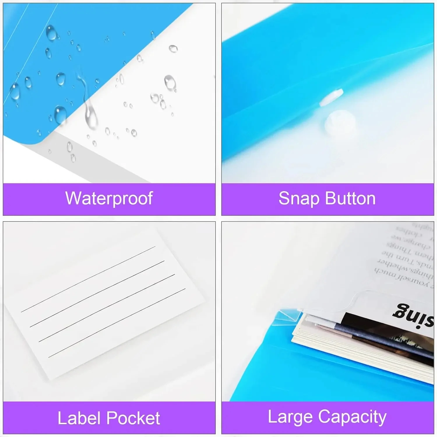 6pcs Transparent Plastic Envelopes Binder Pocket Expandable Binder Folders For 2/3/4 Ring Document Pouch With Snap Button Label