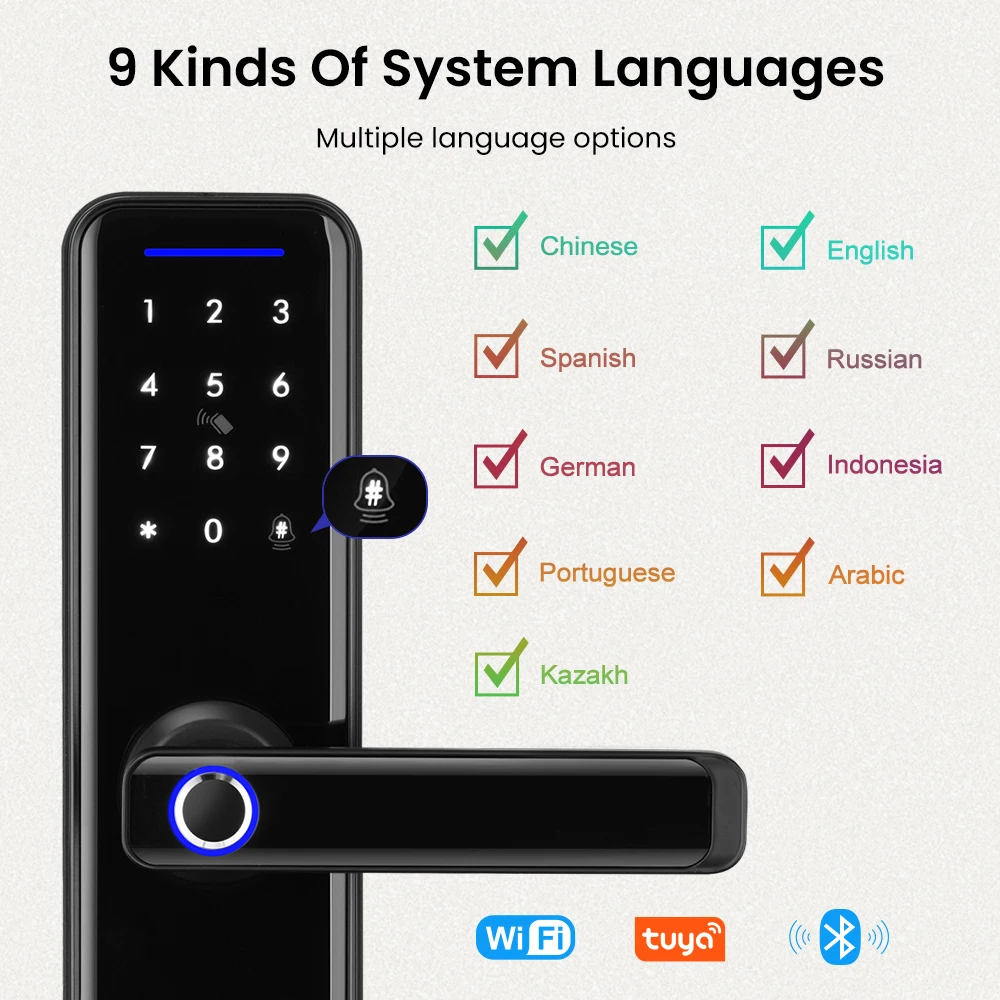 Cerradura de puerta inteligente MIUCDA Tuya WiFi con huella dactilar biométrica/tarjeta inteligente/contraseña/llave de desbloqueo Control remoto por aplicación Smart Life