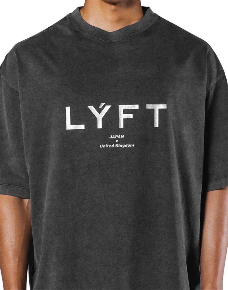 LYFT-Camiseta grande Vintage de algodón con logotipo clásico lavado, 230GSM, camisetas deportivas musculares de gran tamaño para hombre, camisetas de entrenamiento de gimnasia
