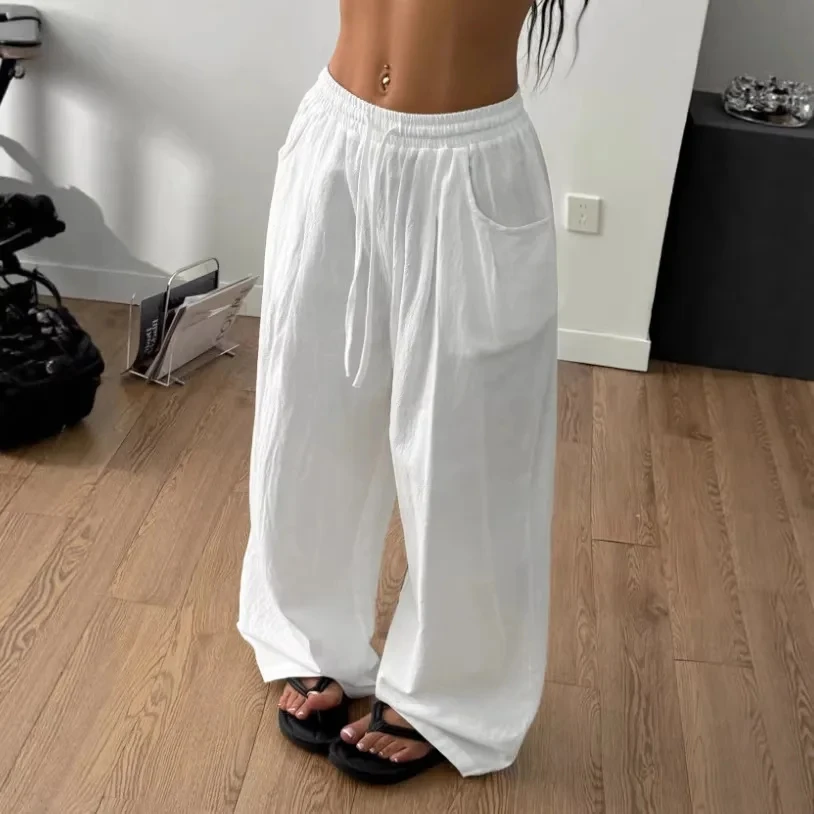 

2026 Elastic Waist Solid Color Loose Wide Leg Trousers Women's Daily Sports Office Commuting Versatile Drape Drawstring Trousers