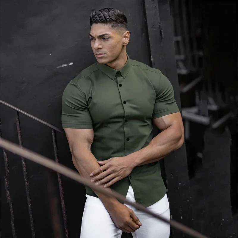 Gym Fitness Quick Dry Summer Tops Plain Mens Short-sleeved Lapel Shirts Bodybuilding Casual Cardigan Business Iron-free T-Shirts
