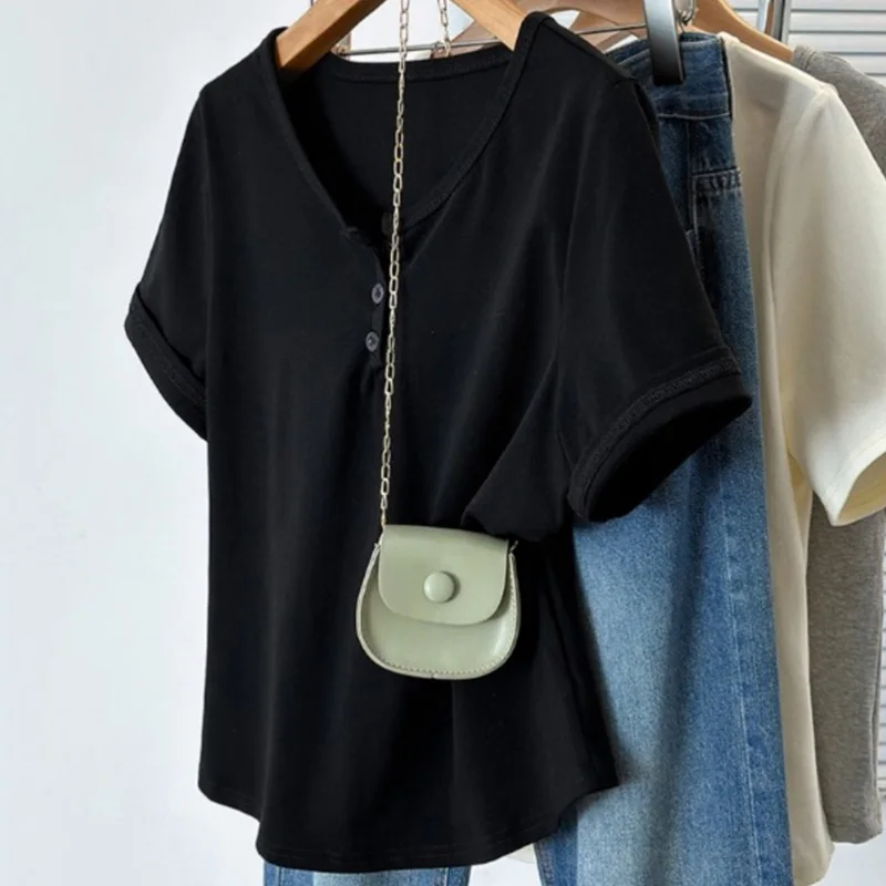 

Большие размеры, новый летний топ с v-образным вырезом и короткими рукавами, свободная и утягивающая футболка на плечах с пуговицами 3528