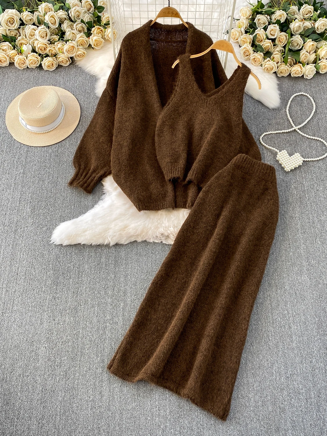 Autumn Winter Soft Plu Cardigan awl Midi Coat + Lady Vest +  Skirt Tee-Piece Set Warm Cozy Fluffy Open Front Outerwear