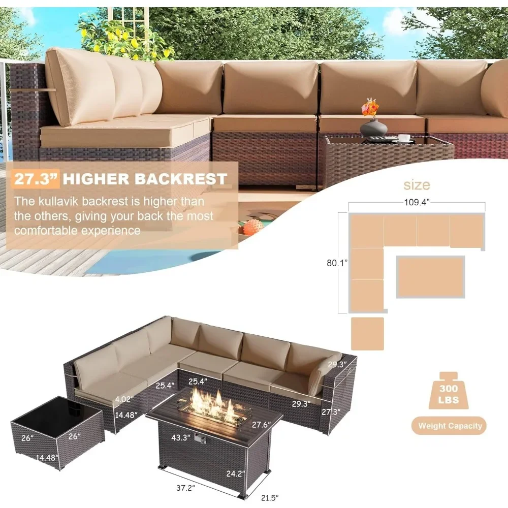 8 Pieces Outdoor Patio Furniture Set Sectional Rattan Sofa Wicker Patio Conversation Set with 43