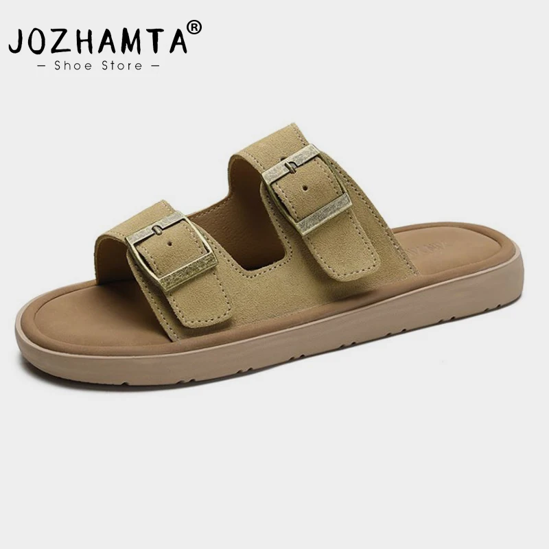 JOZHAMTA Size 35-40 Women Slides Sandals Real Leather Casual Flats Slippers Low Heels Summer Shoes 2025 Vintage Daily Dress